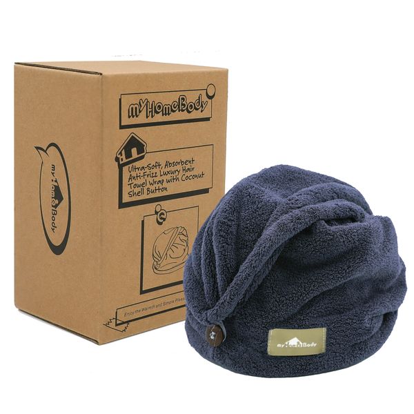 myHomeBody Hair Wrap Towel | Luxury Anti-Frizz Quick Dry Hair Drying Turban | Ultra Soft Absorbent Quick Dry Charcoal with Coconut Shell Buttons - Navy