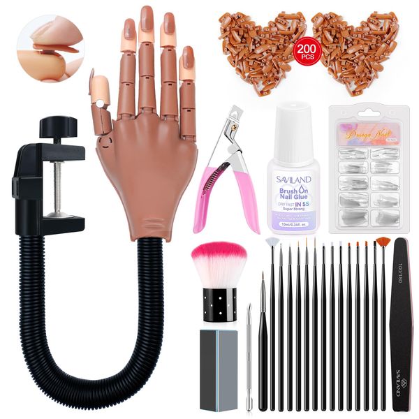 Saviland Acrylic Nail Practice Hands, Flexible Movable Fake Hands, Beginner Manicure Training Hand Nail Kit, 200 Nail Tips, Nail Glue, Brush, Clippers Movable Nail Mannequin Hand