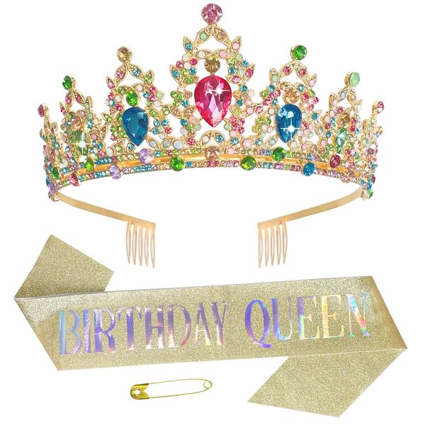 Happy Birthday Mädchen Stirnband Geburtstag Königin Krone Strass Tiara Gürtel Set Kristall Geburtstag Kopfschmuck Party Supplies Glitzer Krone Haarschmuck für Mädchen Frauen