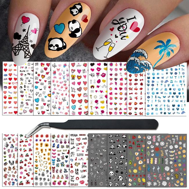 18 Sheets Nail Art Sticker Nail Stickers Decals for Women and Little Girls, Panda Colorful Cartoon Fire Sun Flower Heart Nail Stickers for Nail Art Decoration Self-Adhesive