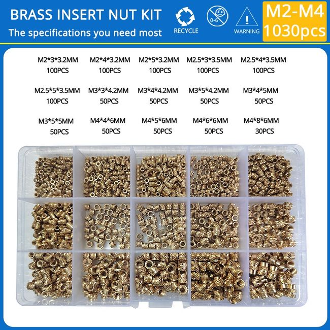 Heat Set Insert Nut M2 M2.5 M3 M4 M5 M6 Brass Hot Melt Threaded Inserts  Knurled Double Twill Embedment Copper Nut Assortment Kit