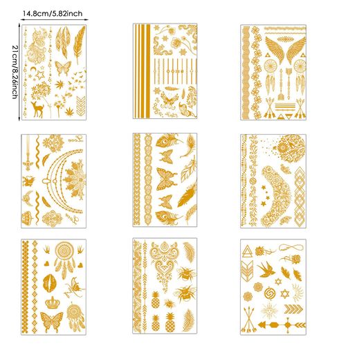 9 Fogli Metallico Tatuaggio Temporaneo, Tattoo Impermeabile Adesivi di Oro, Temporaneo Festival Tattoo Stickers per Donne Uomo e Bambini Spiaggia, Festival Musicali e Feste
