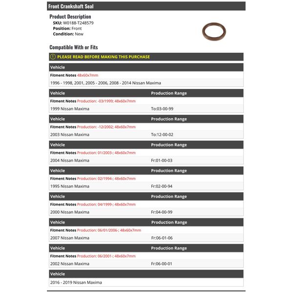 Front Crankshaft Seal - Compatible with 1995-2014, 2016-2019 Nissan Maxima