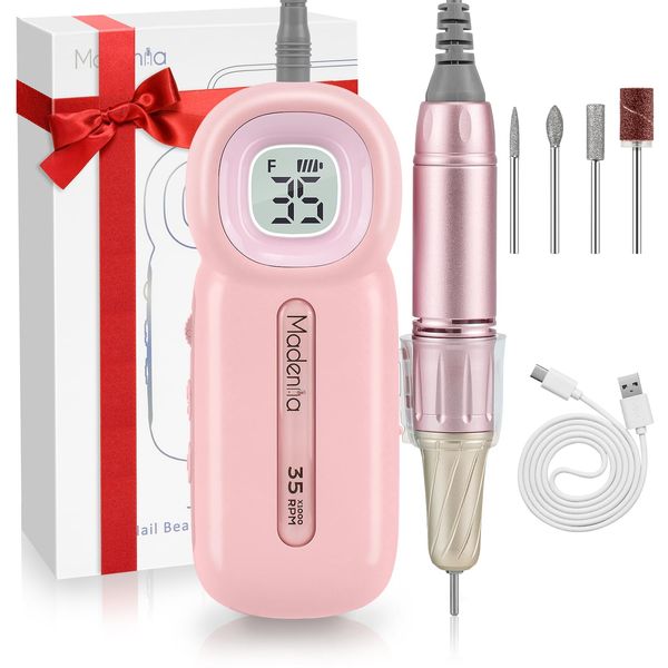 Madenia Portable Rechargeable Nail Drill Machine with LCD Screen, Professional Electric Nail File Efile for Acrylic Gel Nails Polishing Removing, Suitable for Salon Home Travel Manicure Use, Pink