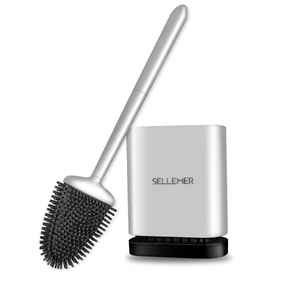 Sellemer Toilet Brush and Holder Set - Flexible Toilet Bowl Brush Head with Silicone Bristles, Compact Size for Storage and Organization, Ventilation Slots Base (1 Pack, Silver)