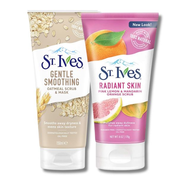 St. Ives Gentle Smoothing Oatmeal Scrub & Mask, 150 ml + Radiant Skin Face Scrub with Pink Lemon and Mandarin Orange, Dermatologist-Tested with 100% Natural Exfoliants