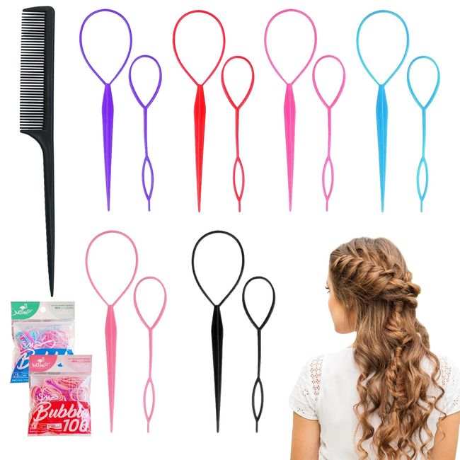 6pcs Hair Loop Styling Tool with Topsy Tail Hair Tools Set 4Pcs French  Braid Tool Loop (Pink, purple) 2pcs Metal Stainless Steel Pin Rat Tail Comb  (black) 
