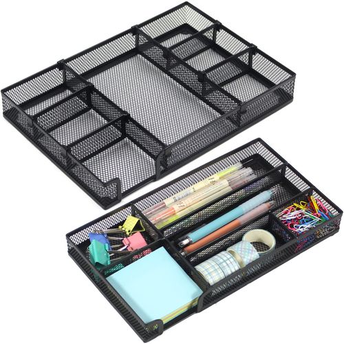 ROSROSE 2 Pack Desk Drawer Organizer Tray, Small Drawer Organizer and Large Office Drawer Organizer w/6 Adjustable Compartment, Metal Mesh Desk Organizer Tray Storage Set for Office Supplies Home