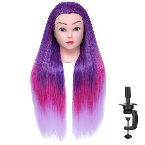 Yamel Mannequin Head Training Heads with Clamp Holder, Hairdresser Training Heads 20 Inch Long Colourful Purple Hair Practice Doll Head for Kids Hair Styling