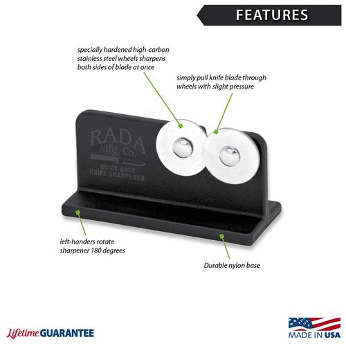 Rada Cutlery Quick Edge Knife Sharpener – Stainless Steel Wheels Made in the USA, 6 Pack