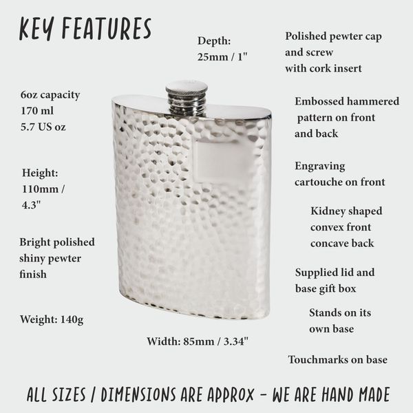Hammered Patterned 6oz Pewter Hip Flask (Hammered Finish)