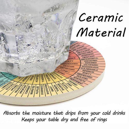 Wheel of Emotions Coasters for Drinks, Absorbent Stone Coasters with Ceramic Cork Base for Kinds of Mugs and Cups, for Coffee Table Housewarming Gift Home Decor Counselor Therapist Gifts (Set of 4)