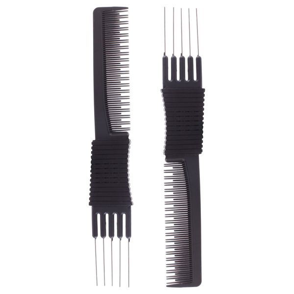 2pcs Black Carbon Lift Teasing Combs with Metal Prong, Salon Teasing Lifting Fluffing Comb with 5 Stainless Steel Pins