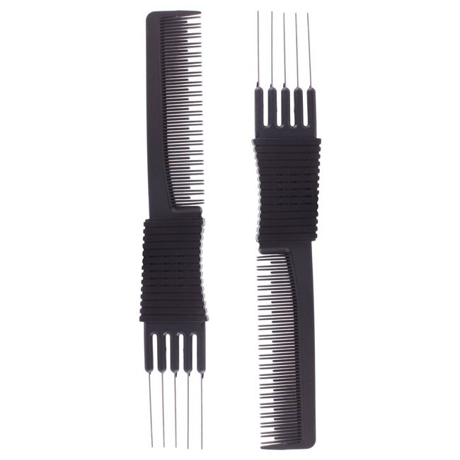 2pcs Black Carbon Lift Teasing Combs with Metal Prong, Salon Teasing Lifting Fluffing Comb with 5 Stainless Steel Pins