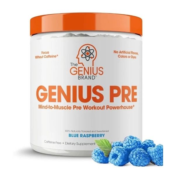 Genius Pre Workout -  Blue Raspberry - 11.35 oz Caffeine-Free USA Made Exp. 2026