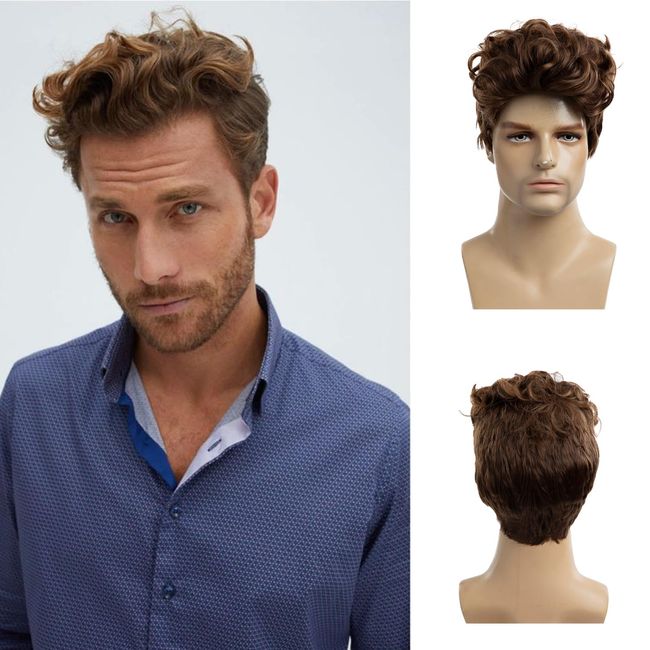 Men Wigs Short Brown Wig Synthetic Heat Resistant Natural Layered Halloween Cosplay Hair Wig