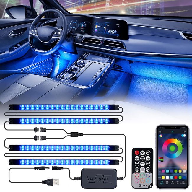 Xprite Double Row RGB LED Car Interior Bluetooth Light Strips Wireless Remote Control, Music Sync Under Dash Footwell Neon Lighting Kit w/USB Cable, Universal for Vehicle Internal, SUV, Trucks