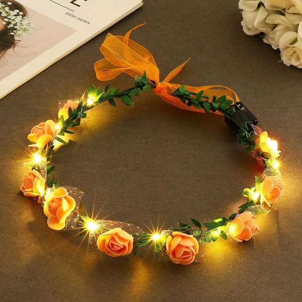 Vakkery Light Up Flower Crown Headband LED Flashing Hair Garland Headwear Glowing Floral Hair Accessories for Women Festival Birthday Party (Orange)