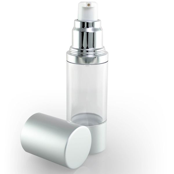 Cosmetic Packaging Now! Luxe Airless Bottle, 30 ML, Clear Bottle w/Matte Silver