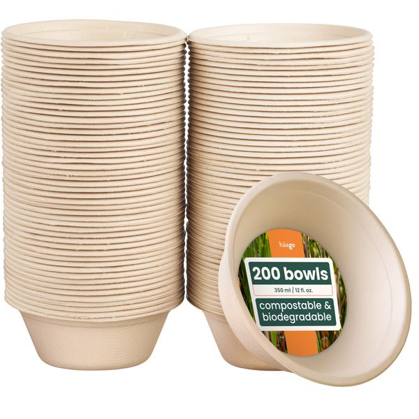 HAAGO 200 Eco-Friendly Sugarcane Bowls Biodegradable & Home Compostable - Like Paper Bowls, Disposable Bowl for Hot Food & Cold Food - 350ml