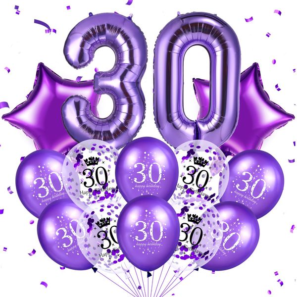 Purple 30th Birthday Balloons Decorations 40 Inch Number 30 Birthday Foil Balloons Star Balloons Happy 30th Birthday Confetti Latex Balloons for Women Men 30th Birthday Anniversary Party Supplies