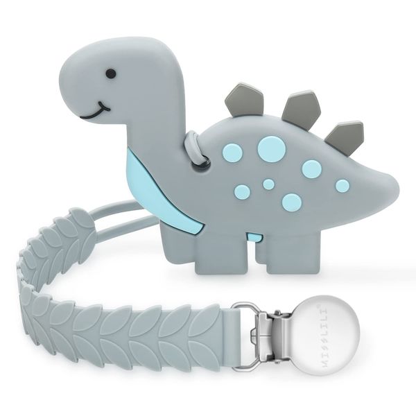 CLDY Teething Toys for Babies 3 Months Baby Teethers with Clip Silicone Baby Teether Toys for Boys and Girls Infant Teething Relief for Teething Dinosaur Shape, Dinosaur Grey (Barley Chain+Dinosaur)