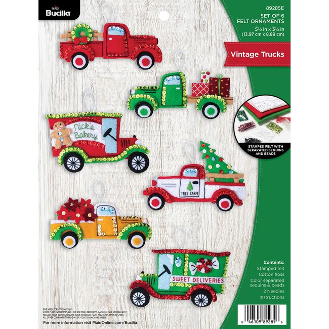 Bucilla 89295E Felt Applique Ornament Kit, Vintage Trucks, Red, Green, White, Set of 6