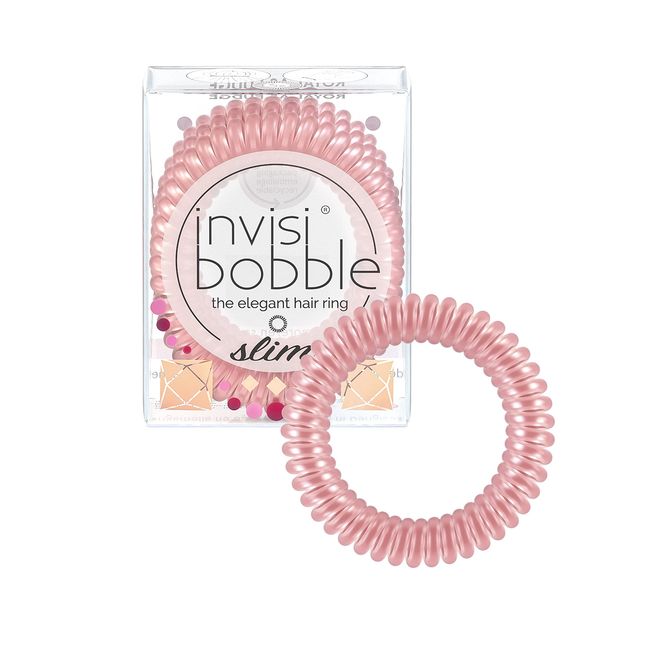 Invisibobble Slim Hair Scrunchies, Thin Metallic Rose for Girls & Women, Spiral Hair Scrunchie, Elegant Look & Strong Hold, Limited Collection, Pack of 3,rosé