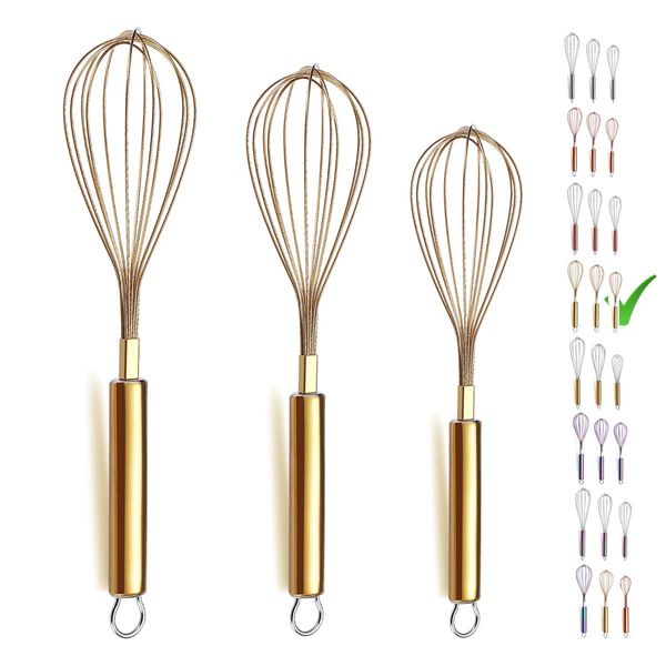 Berglander Gold Whisk Pack of 3 Stainless Steel 8",10",12", Titianium Plating Gold Whisks for Cooking, Beater,Wire Whisk Set Kitchen Wisk (Gold)