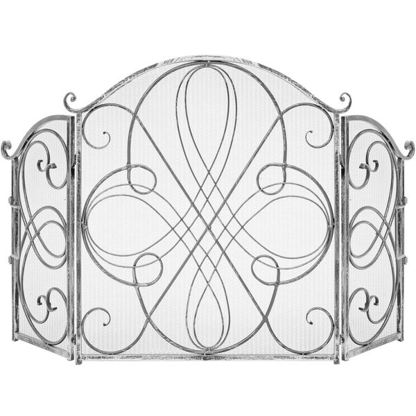 Silver Finish Fireplace Screen 3 Panel Mesh Folding Wrought Iron Arch Scrollwork