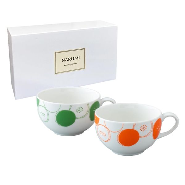 Narumi 41797-33554 Soup Cup Set, Polka Dots, 2 Patterns, Orange, Green, 13.8 fl oz (390 cc), Cute Pop, Large, Microwave, Oven Safe, Made in Japan, Gift Box Included