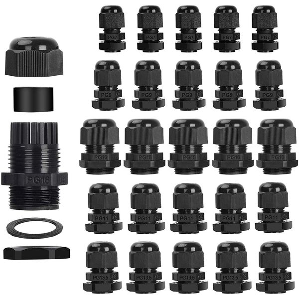 25 Pack Cable Glands, Bolatus IP68 Waterproof PG7 PG9 PG11 PG13.5 PG16 Adjustable 3-15mm Cable Connectors Locknut Stuffing Glands Nylon Plastic Cable Gland Joints with Washer Black