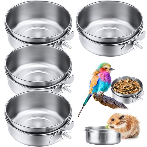 Aoriher 4 Pieces Stainless Steel Bird Feeding Dish Cups 30 oz Bird Feeder Parrot Food Water Bowl with Clamp Pet Cage Cups Holder for Cockatiel Conure Budgies Parakeet Small Animals