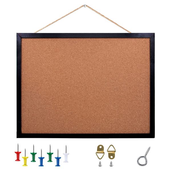 Black Cork Board Bulletin Board, 17.7"X 13.3" pin Boards for Walls, Oak Wood Finish Frame, Wall Mounted Cork Board for Office Home and School(Pins, Eye Bolts, gaskets, Screws)