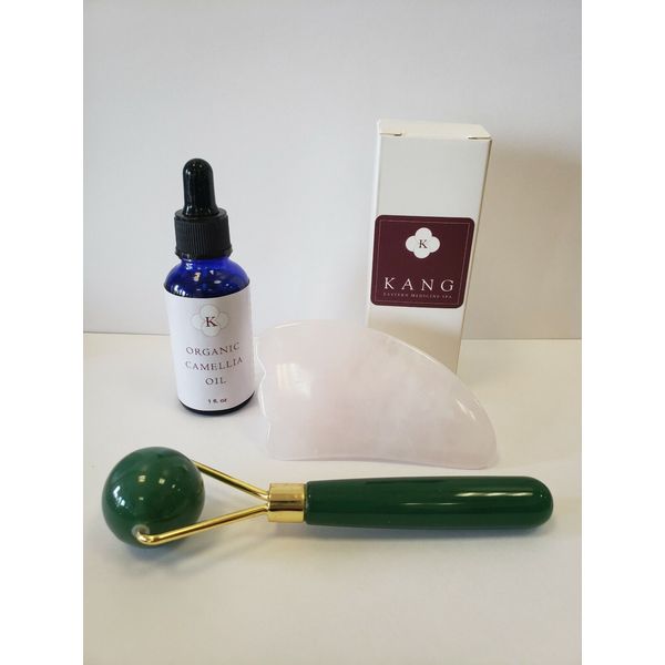 Facial Beauty Set Organic Camellia Oil Gua Sha Plate Jade Stone Round Roller