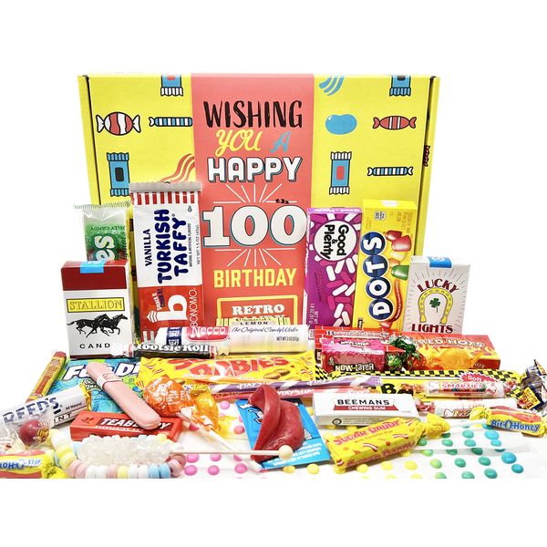 RETRO CANDY YUM ~ 100th Birthday Gift Box of Nostalgic Retro Candy from Childhood - Birthday Gifts for 100 Year Old Woman or Man - Table Centerpiece Party Decoration