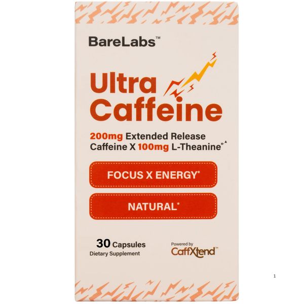 BareLabs Ultra Caffeine, 200mg Extended Release Caffeine + 100mg L-Theanine, 100% Natural Caffeine, Focus & Energy Supplement, Long-Lasting, Non-Crash, Sustained Alertness 30 Capsules