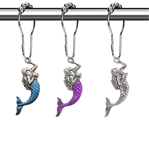 Sea Mermaid Shower Curtain Hooks Rings, Ocean Shower Hooks for Shower Curtain, Silver Metal Shower Hooks Rust Proof Decorative Shower Curtain Set Accessory, Beach Theme Bathroom Decor, 12Pcs