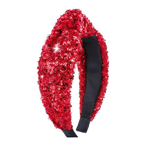 Lanmerry Sequin Knotted Headbands for Women Girls Red Headbands Sparkly Hair Hoop Fashion Glitter Wide Hair Bands Hair Accessories for Women Girls Gifts