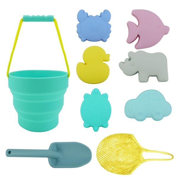 HELMDY Silicone Beach Toys for Kids Sand Toddlers Toy with Bag, Muted Colors Beach Buckets and Shovel, Cute Sand Molds Outdoor Travel Kids Sandbox Toys Set- 8 Pieces