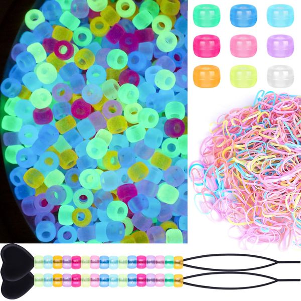 1605pcs Beads for Hair Braids Kit Including 600pcs 9x6mm Pony Beads, 1000pcs Elastic Rubber Bands, and 5pcs Quick Beaders for Kids Hair Braids(Glow in The Dark)