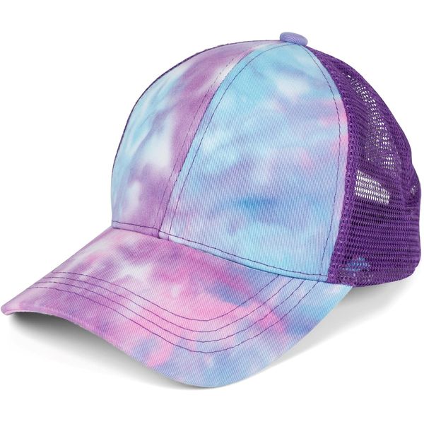 styleBREAKER Damen Ponytail Baseball Cap im Batik Look mit Mesh Einsatz, Basecap, Klettverschluss verstellbar 04023081, Farbe:Türkis-Violett