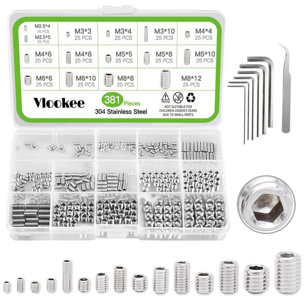 Vlookee Potato Screw Set, 381 Pieces, Hex Socket Screws, 304 Stainless Steel, Potato Screws, M2.5, M3, M4, M5, M6, M8, Potato Screws, Popular, Father's Day Gift, Hollow Sleeve, Bolt Base, Headless Screw, Inner Hex, Grub Screw, Set Screw Kit, Hex Key Wrenc