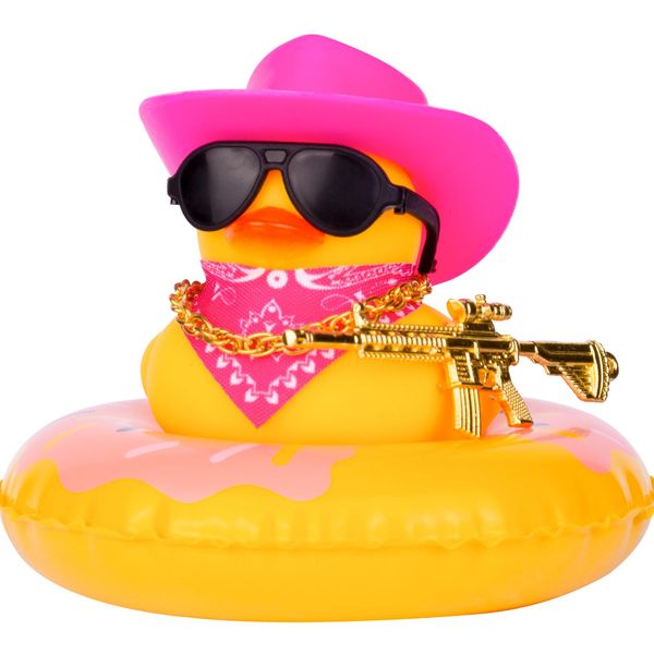 MuMyer Cowboy Duck Car Dashboard Decoration Swim Ring Car Rubber Duck Decoration Accessories with Mini Swim Ring Cowboy Hat Scarf Necklace and Sunglasses(B4-4Pink-P-Doughnut)