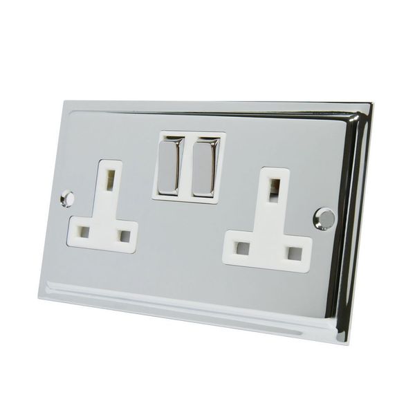 Slimline Polished Chrome 2 Gang Socket White Insert Metal Rocker Switches - 13 Amp Double Plug Socket