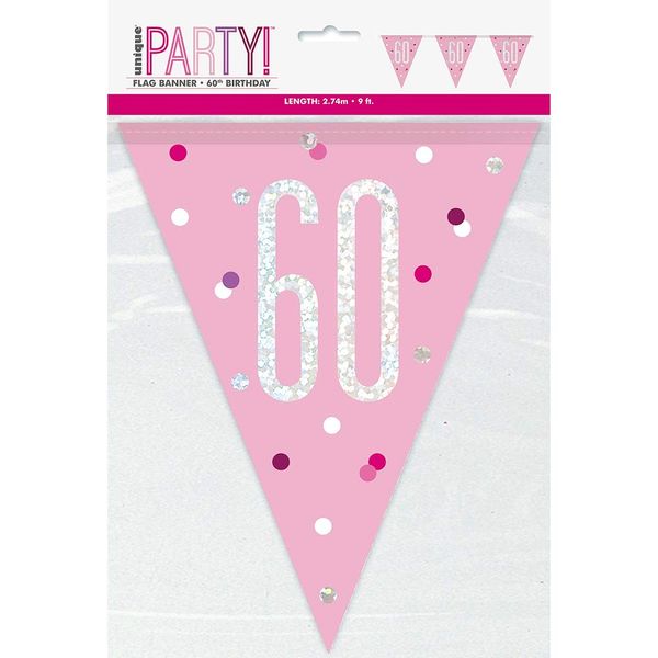 Unique 83455 Pink Plastic Pennant Banner-9' Silver | 1 Pc, Age 60