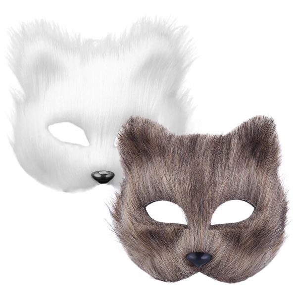 TOYANDONA 2pcs Plush Cat Fox Mask Therian Masks Realistic Cat Masks Stuff Animal Mask Furry Party Cat Mask Easter Mask Masquerade Mask Cosplay Costume Grey White