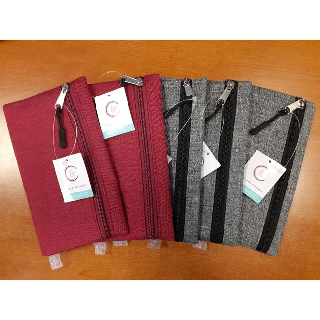 5 Pack: Cali&Caro Flat Pencil/Makeup/Travel Pouch, 3-Gray & 2-Red  -  E9C