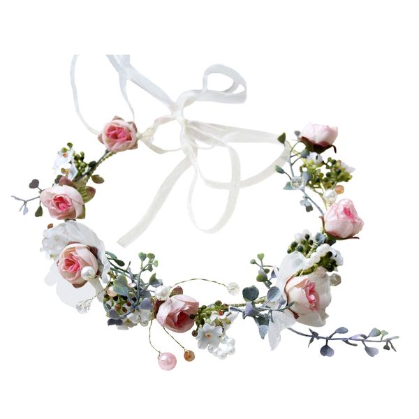 LLinfflr Rose Flower Crown Boho Flower Headband Hair Wreath Floral Halo Headpiece with Ribbon Wedding Party Pink