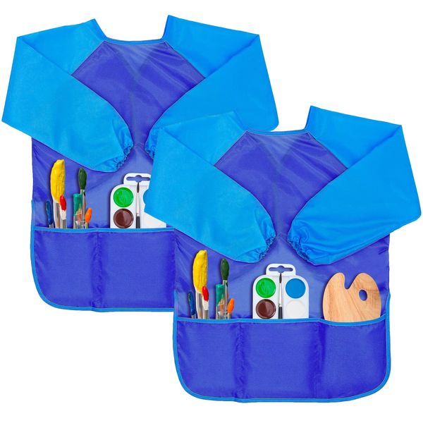 Gwolf Kids Painting Apron, 2 Pcs Childrens Painting Apron, 8-10 years Kids Art Apron Waterproof with Sleeves and 3 Pockets, Children's Artist Painting Smocks for School Art Painting, Cooking, Blue